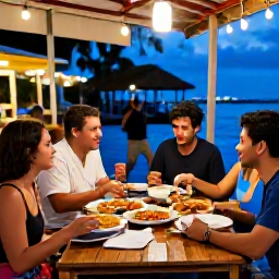 Caribbean Holidays, Puerto Rico Backpacking, Friendly travellers sharing a casual Puerto Rican meal at an outdoor restaurant, with colourful local dishes and evening lights