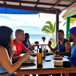 Caribbean Holidays, Puerto Rico Backpacking, Friendly travellers sharing Puerto Rican food at a casual outdoor restaurant in November
