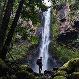 Caribbean Holidays, Puerto Rico Backpacking, Hiker beneath lush rainforest trees and a waterfall in El Yunque National Forest
