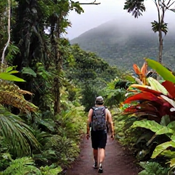 Caribbean Holidays, Puerto Rico Backpacking, Hiker on a lush rainforest trail in El Yunque National Forest, Puerto Rico, with tropical plants and misty hills