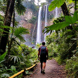 Caribbean Holidays, Puerto Rico Backpacking, Hiker on a lush rainforest trail in El Yunque National Forest, Puerto Rico, with waterfalls and tropical foliage