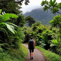 Caribbean Holidays, Puerto Rico Backpacking, Hiker on a rainforest trail beneath lush green trees in El Yunque National Forest, with misty mountains in the background