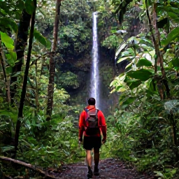 Caribbean Holidays, Puerto Rico Backpacking, Hiker on a rainforest trail beneath lush trees and a small waterfall in El Yunque National Forest