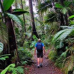Caribbean Holidays, Puerto Rico Backpacking, Hiker on a rainforest trail surrounded by lush green vegetation in El Yunque National Forest