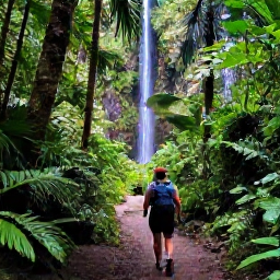 Caribbean Holidays, Puerto Rico Backpacking, Hikers on a lush rainforest trail beneath tropical trees and waterfalls in El Yunque National Forest, Puerto Rico