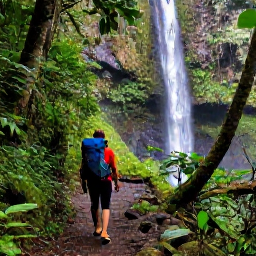 Caribbean Holidays, Puerto Rico Backpacking, Hikers on a lush rainforest trail beside a waterfall in El Yunque National Forest