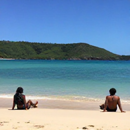 Caribbean Holidays, Puerto Rico Backpacking, Puerto Rican backpackers relaxing on a sandy beach near clear turquoise water, with green hills in the background