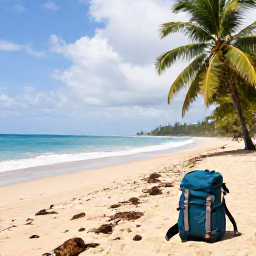 Caribbean Holidays, Puerto Rico Backpacking, Quiet Caribbean beach on Puerto Rico&rsquo;s west coast with backpack and palm trees
