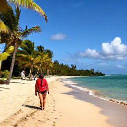 Caribbean Holidays, Puerto Rico Backpacking, Relaxed backpackers on a sandy Puerto Rican beach with palm trees, clear turquoise water and small waves under a sunny summer sky