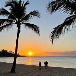 Caribbean Holidays, Puerto Rico Backpacking, Sunset over Puerto Rico's Caribbean coast with palm-fringed beach, warm golden light and relaxed travellers watching the horizon
