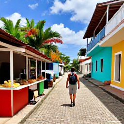 Caribbean Holidays, Puerto Rico Backpacking, Traveller exploring a colourful Puerto Rican village street with local food stalls, tropical plants and friendly residents