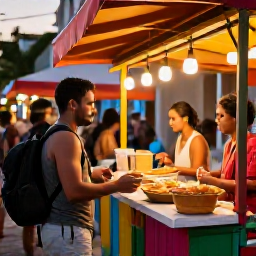 Caribbean Holidays, Puerto Rico Backpacking, Travellers sharing local Puerto Rican food at a colourful street stall in San Juan during a warm evening