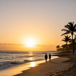 Caribbean Holidays, Puerto Rico Beaches, A golden sunset over a quiet Puerto Rican beach, with gentle waves, palm silhouettes and a couple walking along the shoreline