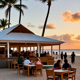 Caribbean Holidays, Puerto Rico Beaches, A relaxed Puerto Rican coastal town at sunset with outdoor restaurants, palm trees and travellers enjoying a warm April evening