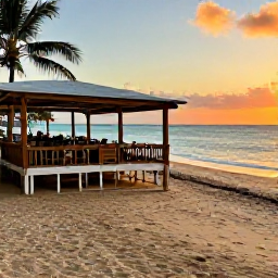 Caribbean Holidays, Puerto Rico Beaches, A relaxed seaside restaurant in Puerto Rico serving fresh seafood near a sandy beach at sunset