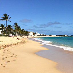 Caribbean Holidays, Puerto Rico Beaches, A wide golden beach in Puerto Rico in March, turquoise Caribbean water, palm trees, bright sunshine and a few relaxed visitors