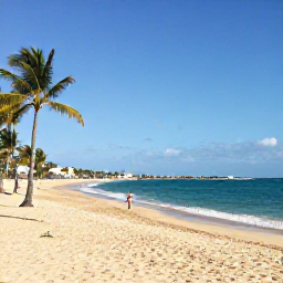 Caribbean Holidays, Puerto Rico Beaches, A wide golden beach in Puerto Rico with turquoise Caribbean water, palm trees and a relaxed traveller enjoying the sunshine