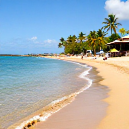Caribbean Holidays, Puerto Rico Beaches, Calm Caribbean beach near San Juan, Puerto Rico, with golden sand, clear shallow water and visitors relaxing under palm trees