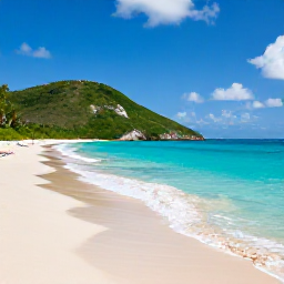 Caribbean Holidays, Puerto Rico Beaches, Clear turquoise sea and quiet white-sand beach at Flamenco Beach in Culebra, Puerto Rico, with green hills in the background