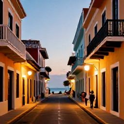 Caribbean Holidays, Puerto Rico Beaches, Colourful Old San Juan street near the coast in Puerto Rico, Spanish colonial buildings, balconies, warm evening light and visitors exploring