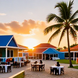 Caribbean Holidays, Puerto Rico Beaches, Colourful Puerto Rican beach town at sunset with palm trees, relaxed outdoor dining, local food and a lively but welcoming atmosphere