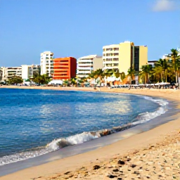 Caribbean Holidays, Puerto Rico Beaches, Condado Beach in San Juan, Puerto Rico, with calm blue sea, soft sand, palm trees and colourful city buildings in the background