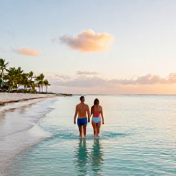 Caribbean Holidays, Puerto Rico Beaches, Couple walking through shallow turquoise water on a Puerto Rico beach at sunset, soft golden light and distant palm trees