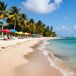 Caribbean Holidays, Puerto Rico Beaches, Family-friendly Puerto Rican beach with calm shallow water, sun loungers, colourful umbrellas and lush green palms