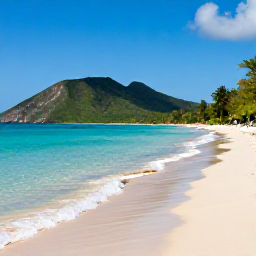 Caribbean Holidays, Puerto Rico Beaches, Flamenco Beach in Puerto Rico with calm clear water, white sand and green hills in the background