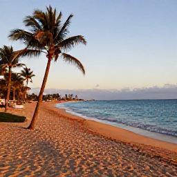Caribbean Holidays, Puerto Rico Beaches, Golden sandy beach in Puerto Rico at sunrise, calm turquoise Caribbean water, palm trees and a relaxed early summer atmosphere