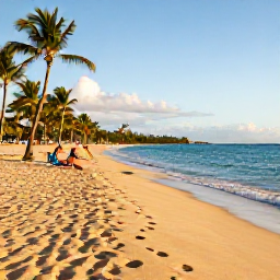 Caribbean Holidays, Puerto Rico Beaches, Golden sandy beach in Puerto Rico on a warm November afternoon, calm turquoise sea, palm trees and a few relaxed holidaymakers