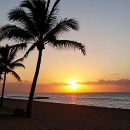 Caribbean Holidays, Puerto Rico Beaches, Golden sunset over a Puerto Rican beach with palm silhouettes, calm waves and a relaxed evening atmosphere