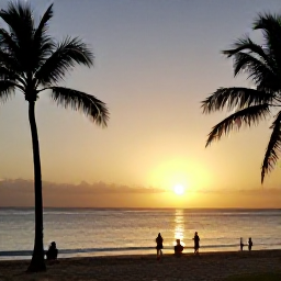 Caribbean Holidays, Puerto Rico Beaches, Golden sunset over a Puerto Rico beach with calm waves, palm silhouettes and travellers enjoying the evening