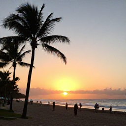 Caribbean Holidays, Puerto Rico Beaches, Golden sunset over a Puerto Rico beach, with palm silhouettes, gentle waves and visitors enjoying an evening walk