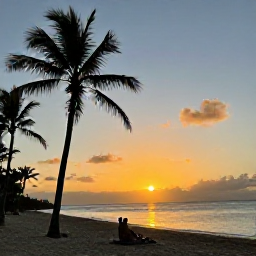 Caribbean Holidays, Puerto Rico Beaches, Golden sunset over a Puerto Rico beach with palm trees, calm sea and a couple enjoying a peaceful February evening