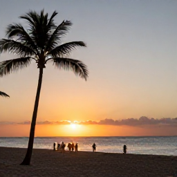 Caribbean Holidays, Puerto Rico Beaches, Golden sunset over a Puerto Rico beach with palm trees, calm sea and small groups enjoying an evening stroll