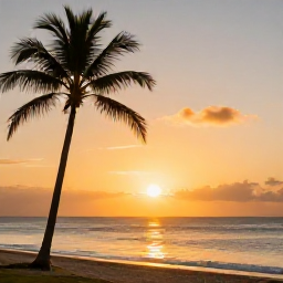 Caribbean Holidays, Puerto Rico Beaches, Golden sunset over a Puerto Rico beach with palm trees, calm waves and a relaxed holiday atmosphere
