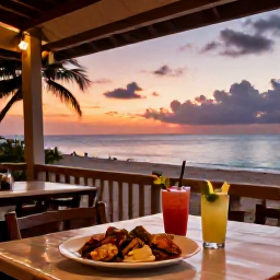 Caribbean Holidays, Puerto Rico Beaches, Relaxed Puerto Rican beachside restaurant in November, outdoor tables, fresh seafood, tropical drinks and a colourful sunset over the sea