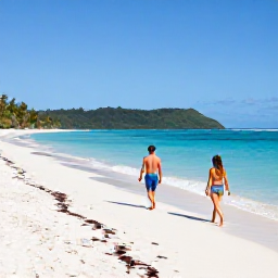 Caribbean Holidays, Puerto Rico Beaches, Relaxed traveller walking along Flamenco Beach in Puerto Rico, white sand, clear blue water and green hills in the background