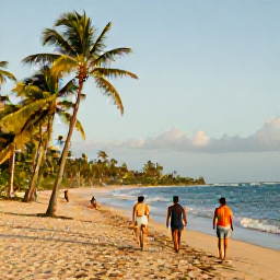 Caribbean Holidays, Puerto Rico Beaches, Relaxed travellers walking along palm-fringed Isla Verde beach near San Juan in warm late afternoon sunshine
