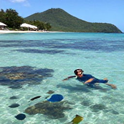 Caribbean Holidays, Puerto Rico Beaches, Snorkeller exploring clear shallow water beside a Puerto Rican beach, colourful fish, coral and green hills in the background