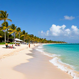 Caribbean Holidays, Puerto Rico Beaches, Sunny Caribbean beach in Puerto Rico with turquoise water, golden sand, palm trees and a few relaxed holidaymakers