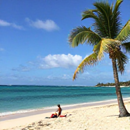Caribbean Holidays, Puerto Rico Beaches, Sunny February beach scene in Puerto Rico with turquoise Caribbean water, soft white sand, palm trees and a relaxed traveller