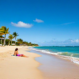 Caribbean Holidays, Puerto Rico Beaches, Traveller relaxing on a broad golden beach in Puerto Rico, gentle waves, coconut palms and clear blue sky