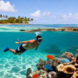 Caribbean Holidays, Puerto Rico Beaches, Traveller snorkelling in clear Caribbean water off Puerto Rico, colourful fish, coral and a sunny tropical coastline