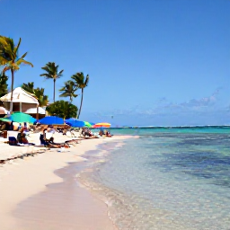 Caribbean Holidays, Puerto Rico Beaches, Travellers relaxing on a palm-fringed beach near San Juan, Puerto Rico, with clear shallow water and colourful beach umbrellas