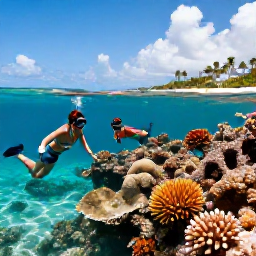 Caribbean Holidays, Puerto Rico Beaches, Travellers snorkelling in clear Caribbean water beside a colourful coral reef in Puerto Rico, with a sunny coastline in the background
