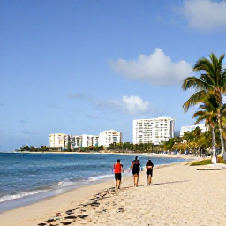Caribbean Holidays, Puerto Rico Beaches, Travellers walking along the broad sandy beach at Isla Verde near San Juan, with palm trees, calm blue sea and beachfront hotels