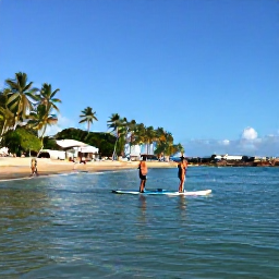 Caribbean Holidays, Puerto Rico Beaches, Visitors enjoying paddleboarding and swimming in calm Caribbean water beside a Puerto Rico beach, with bright sunshine and palm trees