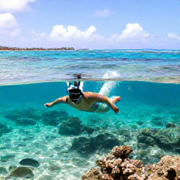 Caribbean Holidays, Puerto Rico Beaches, Visitors snorkelling in clear Caribbean water off Puerto Rico, with colourful fish, coral and a sunny coastline in the background